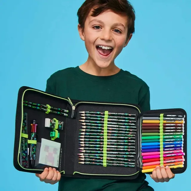 Stylish children's school supplies in the motifs of the popular game Minecraft