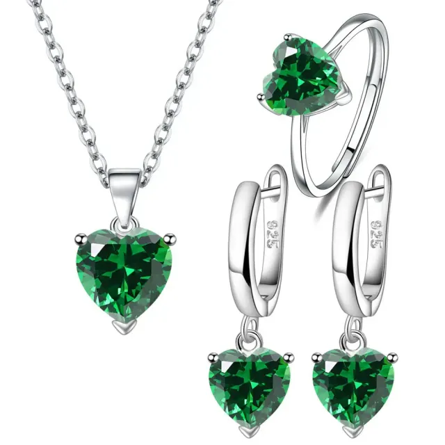 Set of jewelry for silver earrings, ring and chain with colored hearts made of zirconium