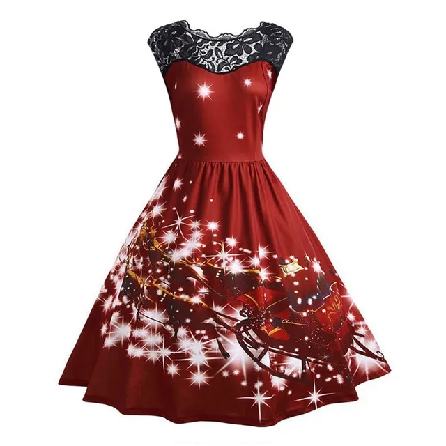 Nádherné dámské áčkové šaty s krajkou na dekoltu - motiv Vánoc