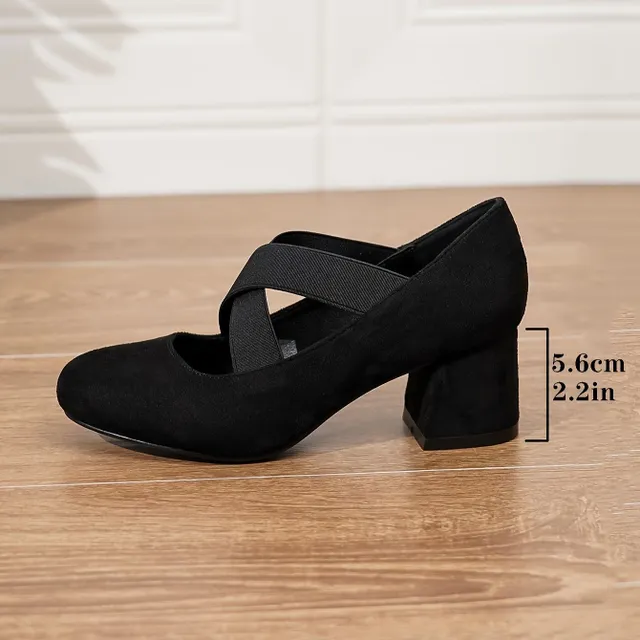 Women's pumps on thick heel, monochrome, with elastic strap, slip-on