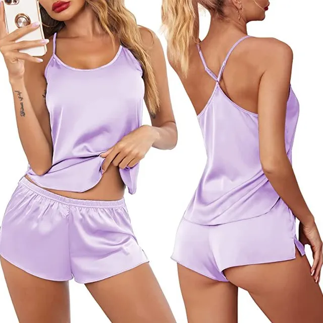 Women's sexy modern satin pyjama set with crossed back and shorts Celin