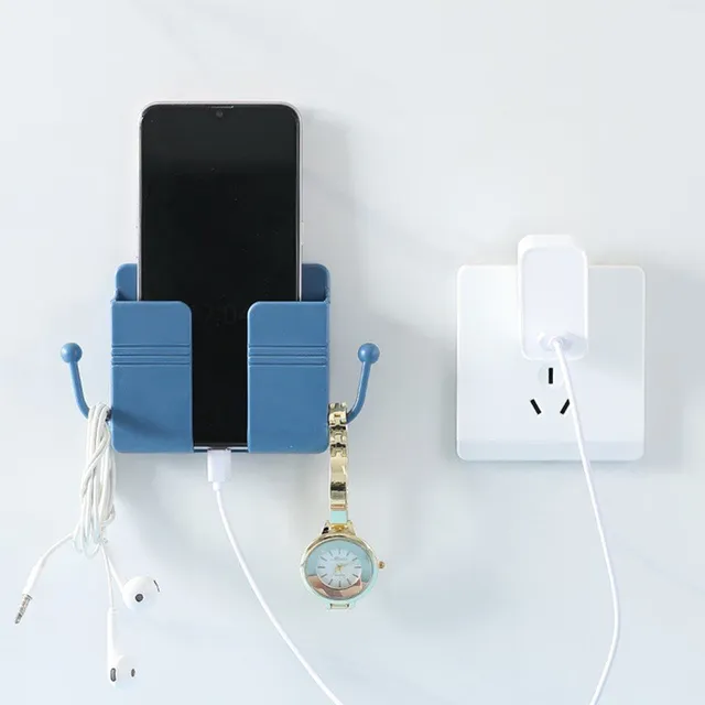 Wall holder of mobile phone with hole for cable and hooks