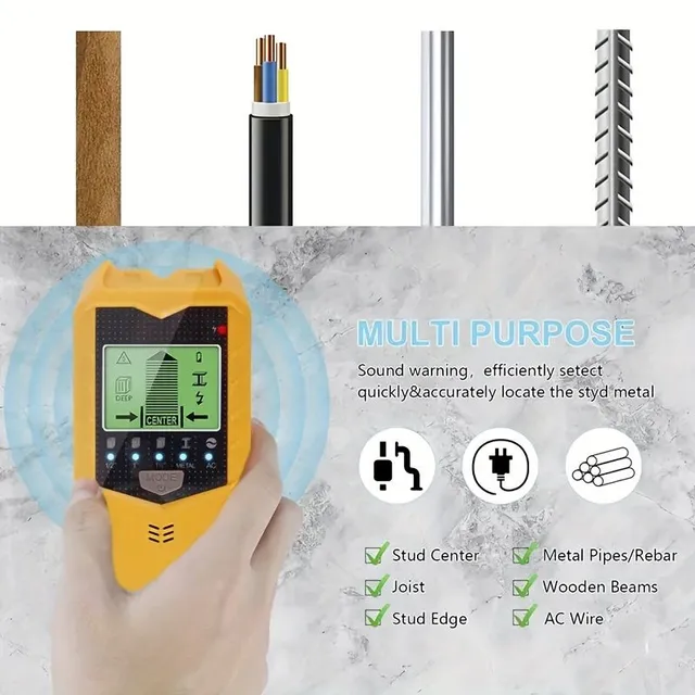 Clamp detector with intelligent microprocessor and HD LCD display, sensor search engine for center and edge of wooden beams, AC wires, metal columns, beams and tubes.