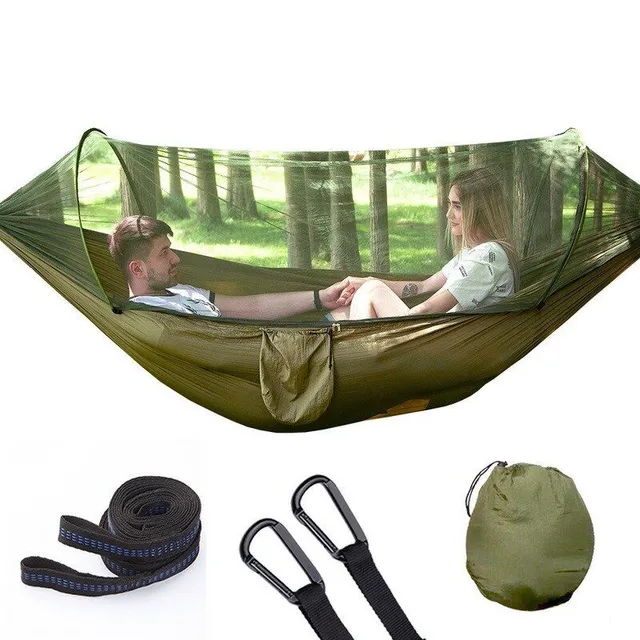 Outdoor hammock with automatic quick opening and mosquito net