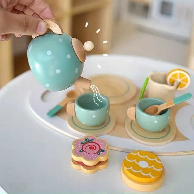Wooden tea dishes with house and dessert - play for children