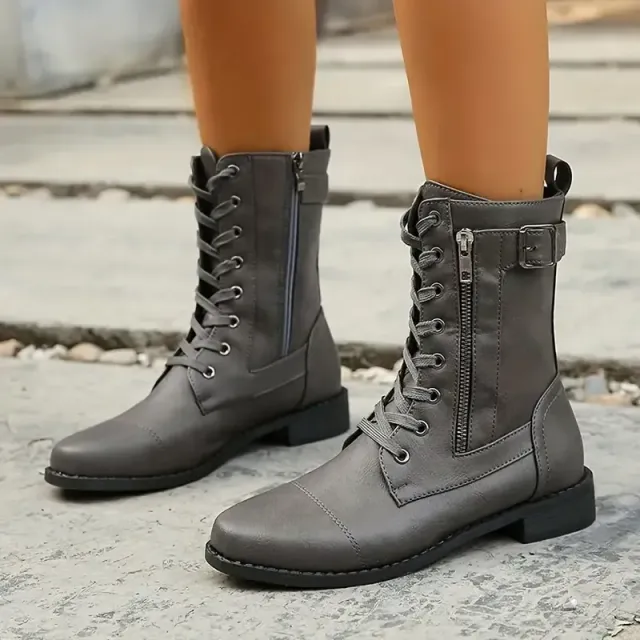 Bottes de moto pour femme à bout rond et fermeture éclair latérale - Bottes mi-hautes stylées, à lacets et antidérapantes pour l'automne et l'hiver