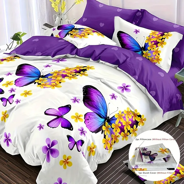 3-part set of sheets for duvet, motif of butterflies and flowers, soft and comfortable