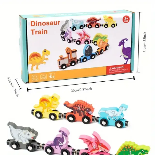 Set de tren magnetic din lemn cu dinozauri - reversibil, jucărie educativă