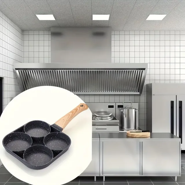 Non-stick pan for pancakes and fried eggs with 4 holes and wooden handles