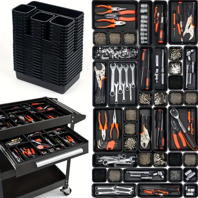 Packing 45 Pieces Organizer Toolbox Toolcase dividers Toolcase dividers, Tool socket organisers Storage compartments for roller toolbox, Work desk trays, Hardware Parts Screw nut Screw Small tool organisation, Black