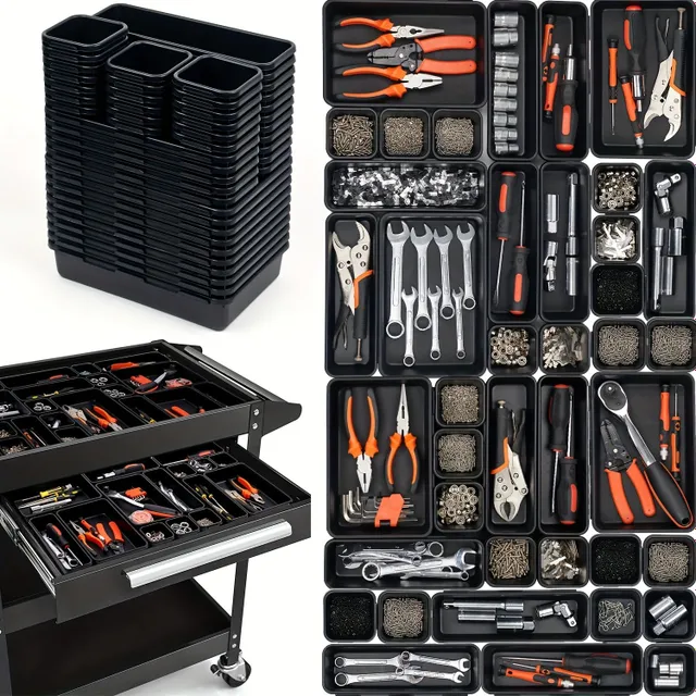 Set 45 piese Organizator cutie pentru unelte - Divizoare pentru unelte, Sertare organizatoare pentru unelte, Compartimente de depozitare pentru căruciorul cu unelte, Suporturi pentru bancul de lucru, Piese de hardware Șuruburi Piulițe Mici organizații pentru unelte, Negru