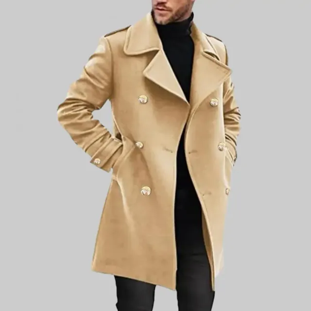 Men's formal coat - two-row mid-length trench with collar to neck, monochrome