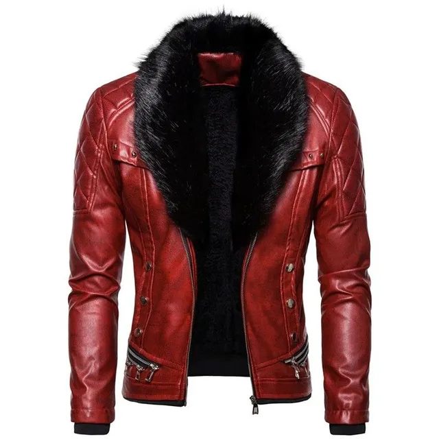 Men's leather jacket artificial fur red Riley