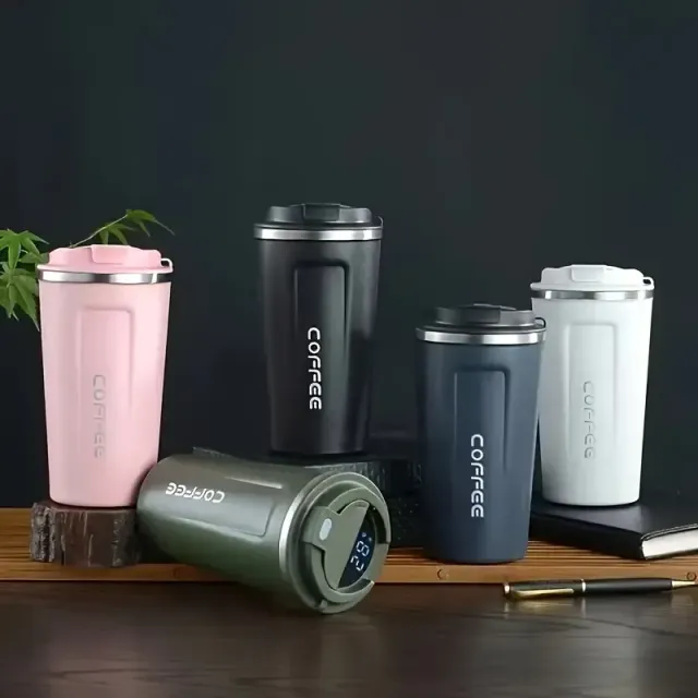 Thermos with stainless steel with temperature indicator - keep drinks hot or cold, ideal for office, sport, travel