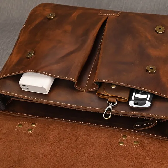 Vintage Pánske kufrík z pravej hovädzej kože, taška na notebooku, kožená kabelka šialený kôň