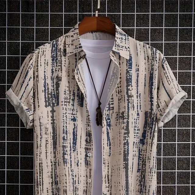 Men's loose shirt with geometric pattern, casual shirt with button lapel, short sleeve, outdoor activities