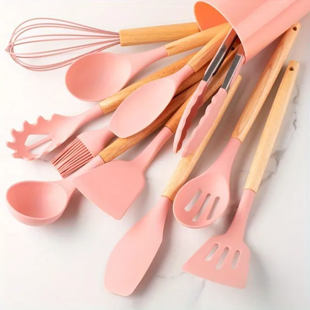 Ensemble de 12 pièces d'ustensiles en silicone, ensemble de cuisine kaki avec poignée en bois, ustensiles de cuisson sécurisés, ustensiles de cuisine avec surface antiadhésive, vaisselle moderne lavable, accessoires de cuisine, fournitures de cuisine, fournitures scolaires, retour à l'école