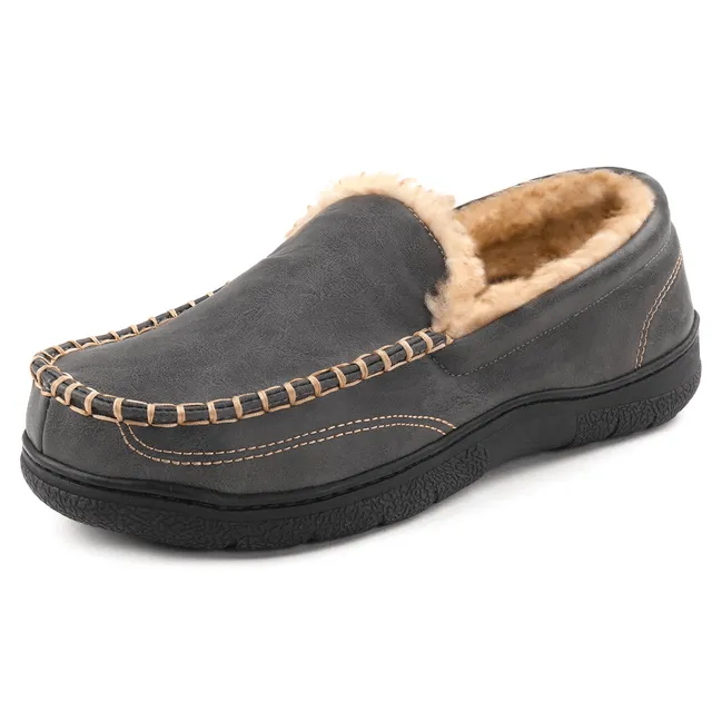 Men's comfortable Venetian loafers with memory foam and warm fleece - non-slip home shoes