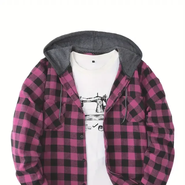 Men's plaid shirt jacket with long sleeves, hood and button closure - Regular fit