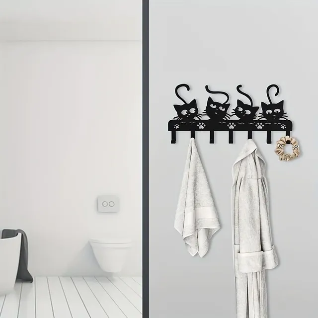 Magic wall hooks with black cat - 7 hooks of metal, decorative key stand for bedroom, iron hooks for door