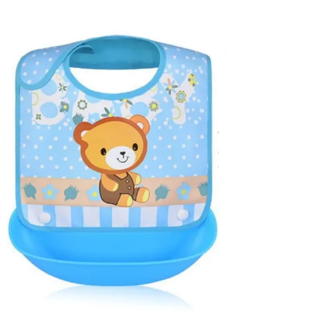 Silicone bib with pocket and cartoon motive for boys and girls