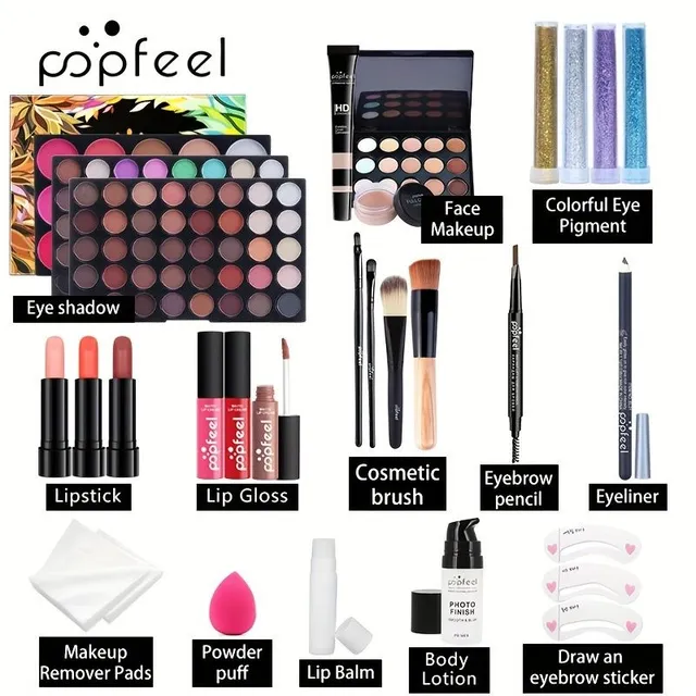 Complete makeup in one set! Palette of shadows, lip gloss, lipstick, proofreader, base, set of brushes. Charming gift!