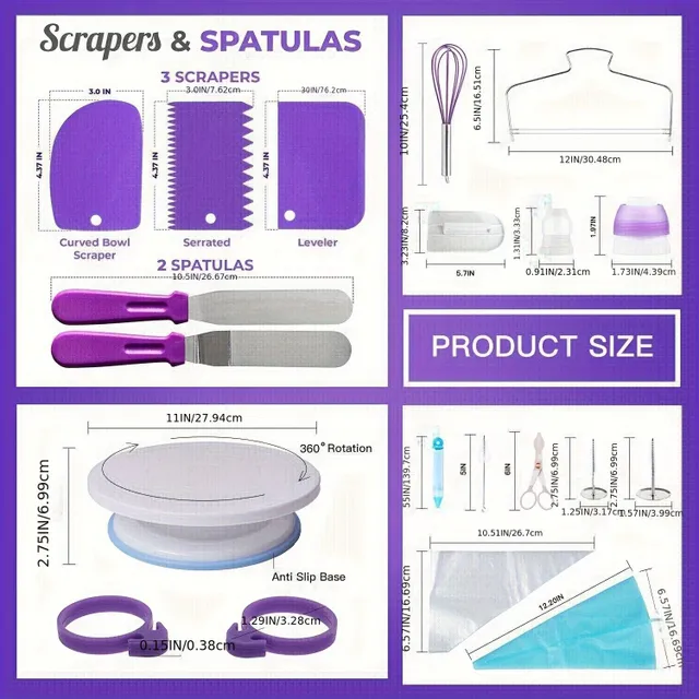 Decoration set for cakes, stainless steel pastry tips, clutches, squeegees and other accessories