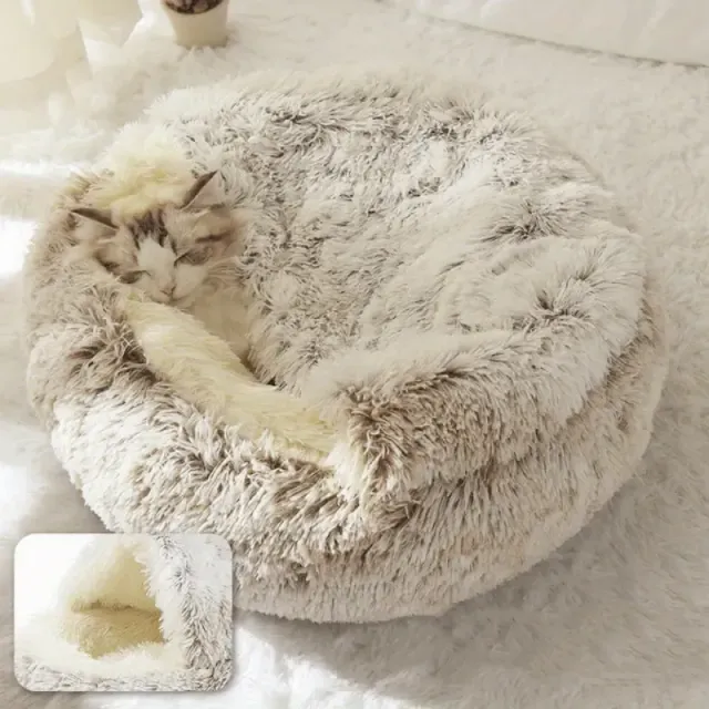 Soft donut-shaped teddy bed with hood for small dogs and cats
