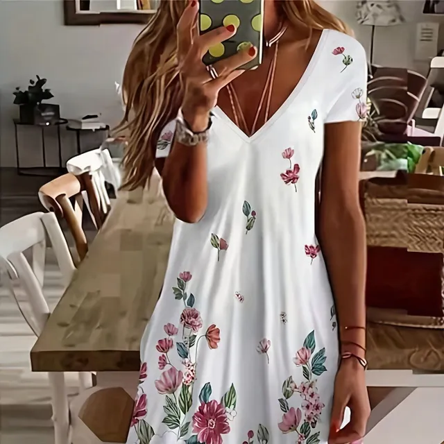 Short sleeve dress with floral print, v-neck, casual dress for spring and summer, women's clothing