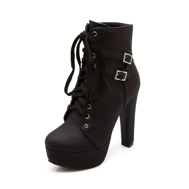 Women's ankle boots on block heel with lace, single color, fashionable and comfortable