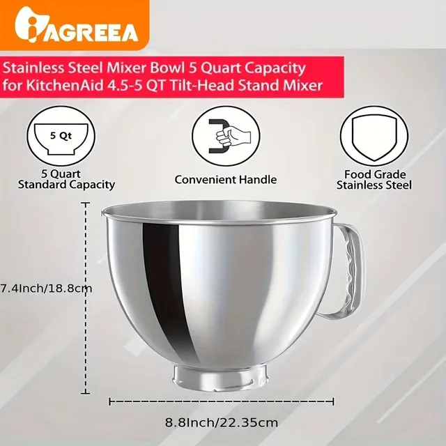 Miešanie nerezovej misy KitchenAid 4.5 a 5 l, kompatibilné s Artisan 5KSM125, 5KSM150, 5KSM175