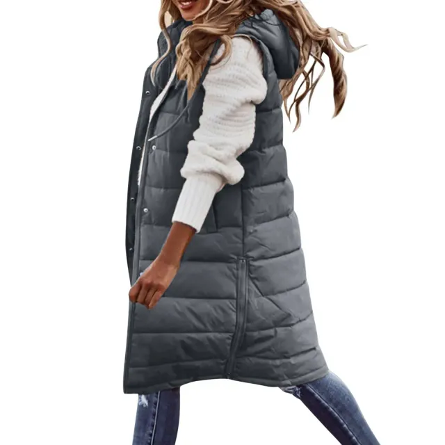 Long women's outdoor vest with hood and feather stitching