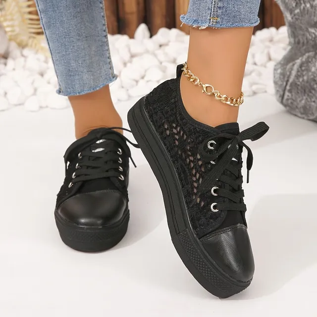 Women's platform sneakers with lace lining, round tip, low skate shoes, leisure shoes
