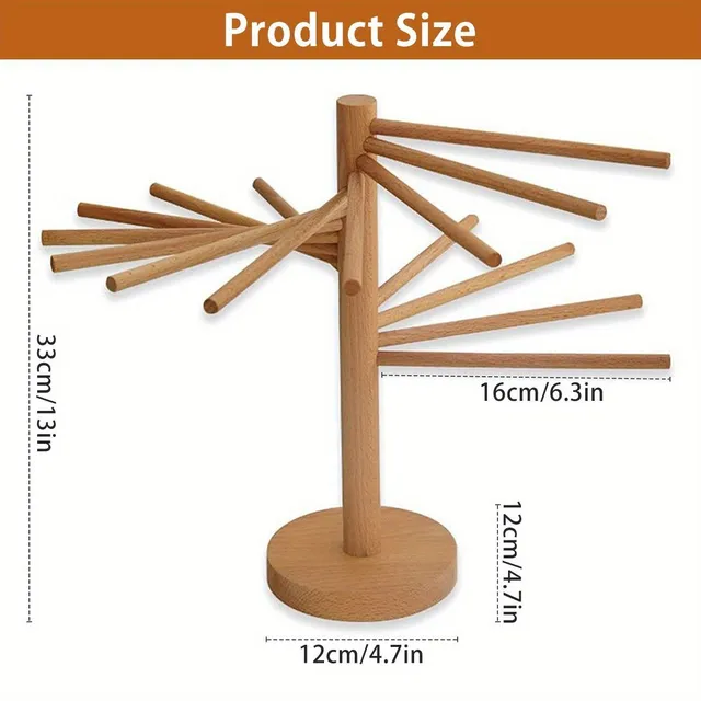 Folding wooden spaghetti dryer with 16 suspension rods - easy storage and fast distribution