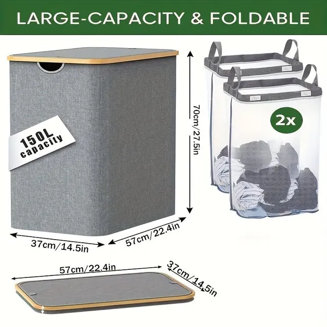 1pc Two-layer Basket On Laundry With lid, Big Basket On Laundry With lid, Basket On Dirty Laundry With 2 Small Bags On Laundry Inside, Removable and Washable Inner Bag, Foldable Basket On Dirty Laundry, Which Saves Place, Organisation Laundry Do Bedroom