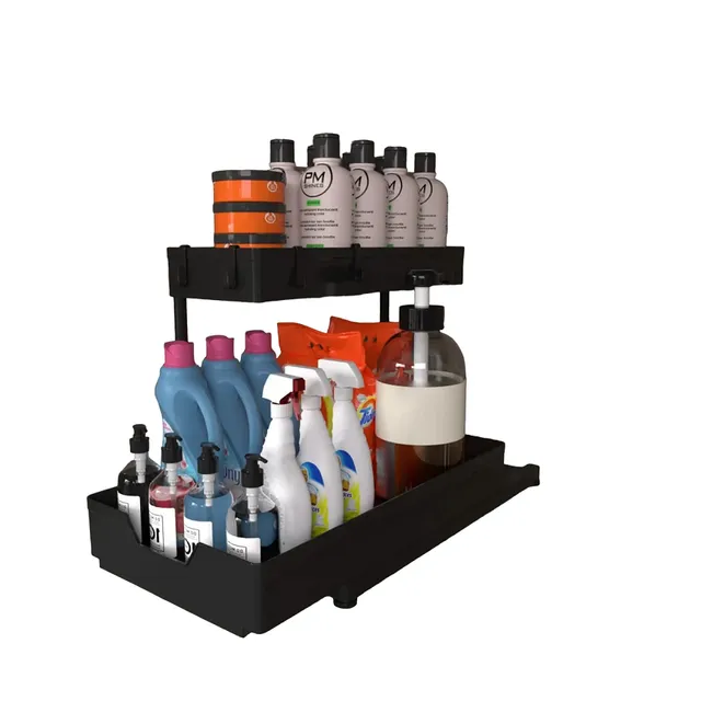 Organizer for cleaning products with hooks Retracting organizer Sliding organizer under sink Multipurpose organizer Organizer for spice 38 x 32 x 22 cm