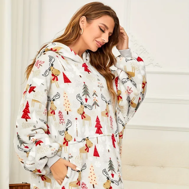 Excessive wearable blanket with giant pockets, soft plush sweatshirt with hood, women's loungewear and night linen