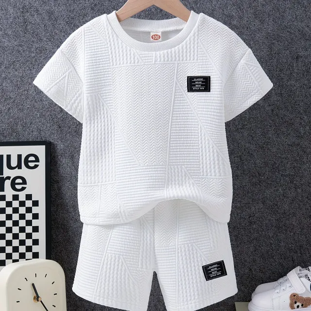 Boy summer set T-shirts and shorts, comfortable, monochrome with patches