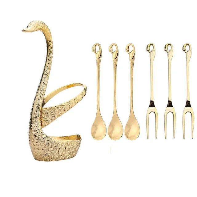 Set of cutlery with stand in shape of swan 7 pcs