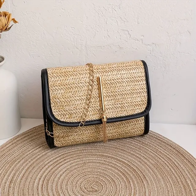 Trends bag over shoulder with fringes and woven pattern of grass - fashion supplement for shopping and date