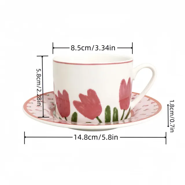 Vintage tulip ceramic cup for coffee and saucer - ideal for breakfast, tea or water - only hand wash - isolated