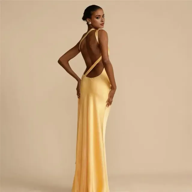 Women's elegant dress on one shoulder, long and in yellow color