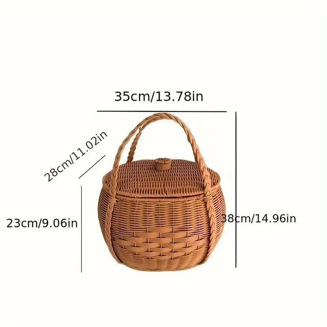 Picnic basket of rustic appearance made of knitted plastic with handles - durable and light for camping and meeting