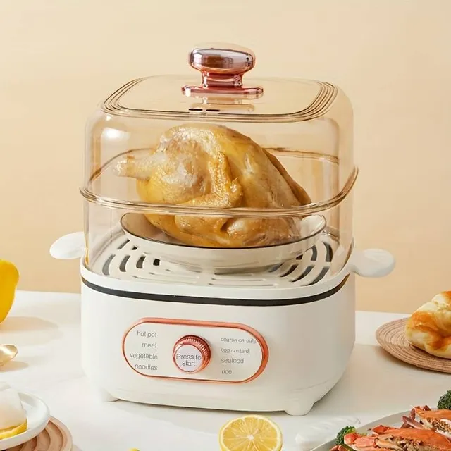 Electric steam pot with two levels, visualization lids and stackable baskets, multifunction 9.5 l, with automatic shutdown function