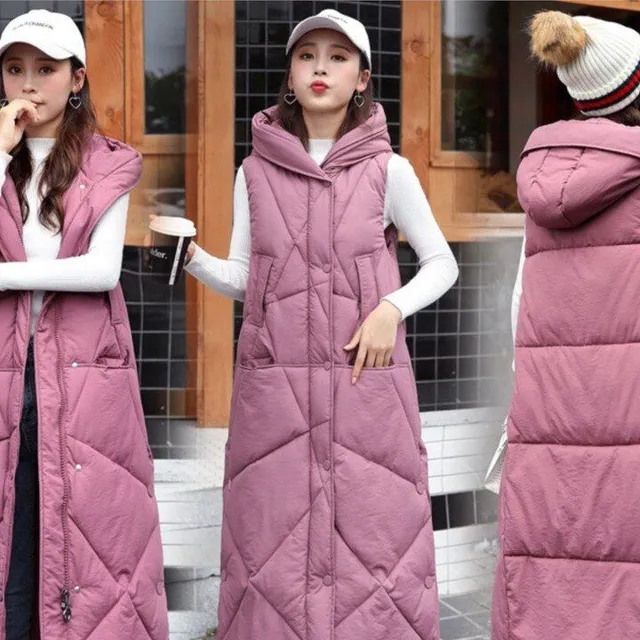 Women's long modern quilted vest with hood