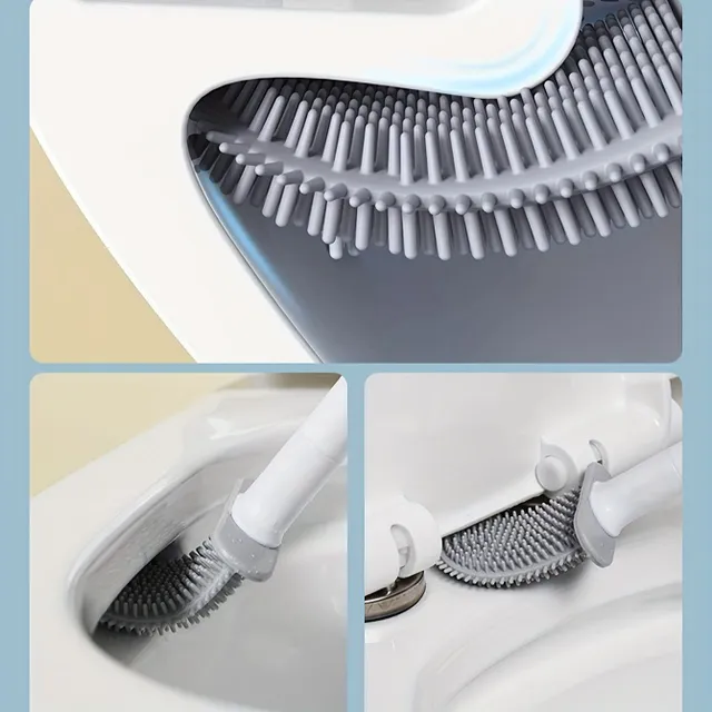 Silicone cleaning brush on toilet with tray, without drilling on wall, for cleaning all corners, suitable for toilets and bathrooms