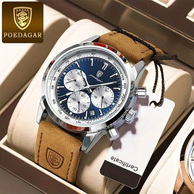 Men's chronograph watch business/free time quartz with luminance, analog, with PU leather strap, with data indicator