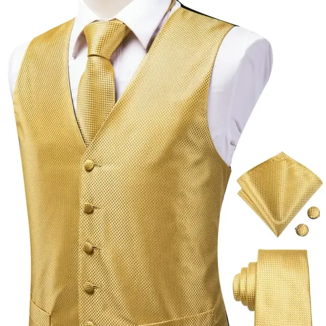 Male vintage sleeveless vest with elegant cut and floral pattern, formal set - vest, tie, cuff links and handkerchiefs