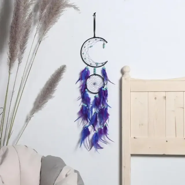 Design handmade dream catcher - moon shaped, with feathers, tuning into purple color