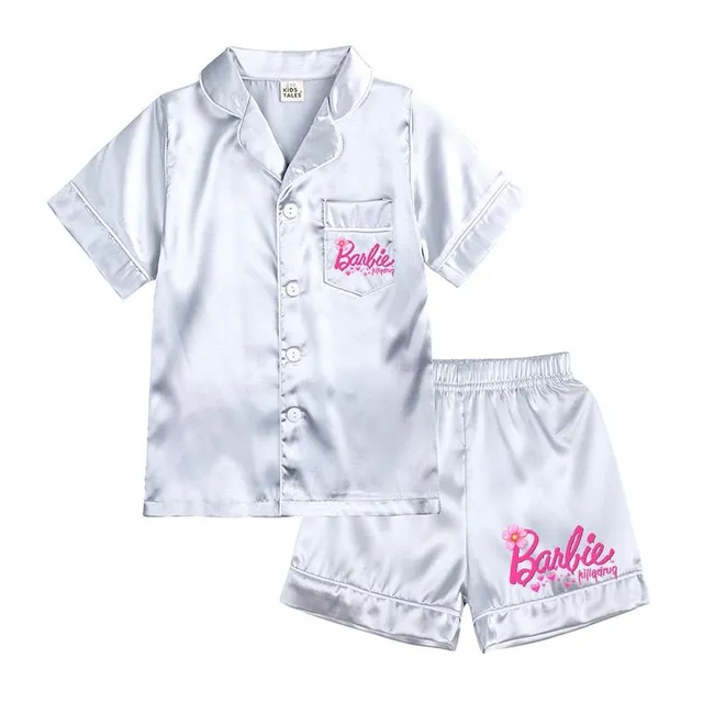 Pijama modernă pentru fete, formată din două piese, din material lucios, cu motivul Barbie